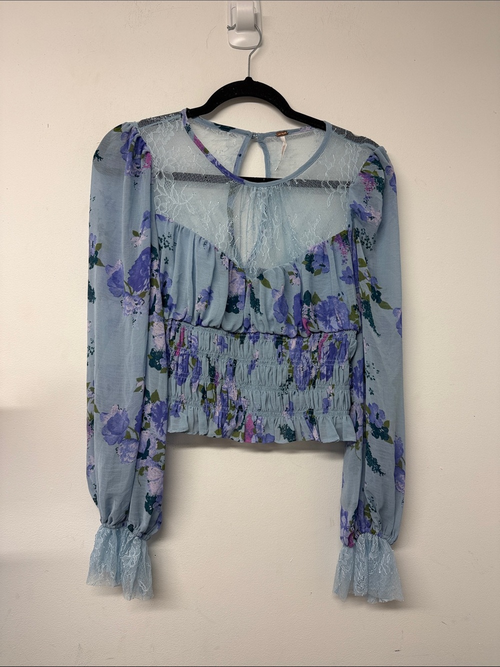 Free People Light Blue Floral Lace Smocked Crop Top
